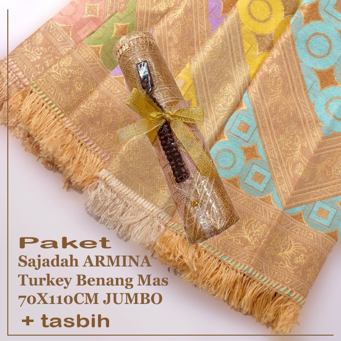 Paket Souvenir Sajadah ARMINA Turkey Benang Mas + Tasbih Pita