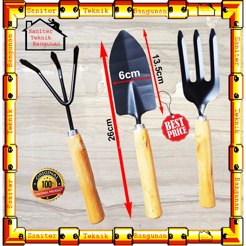 ALAT BERKEBUN SET 3 PCS BESAR GAGANG KAYU-GARDEN TOOLS-ALAT KEBUN-SEKOP GARPU GARUKAN