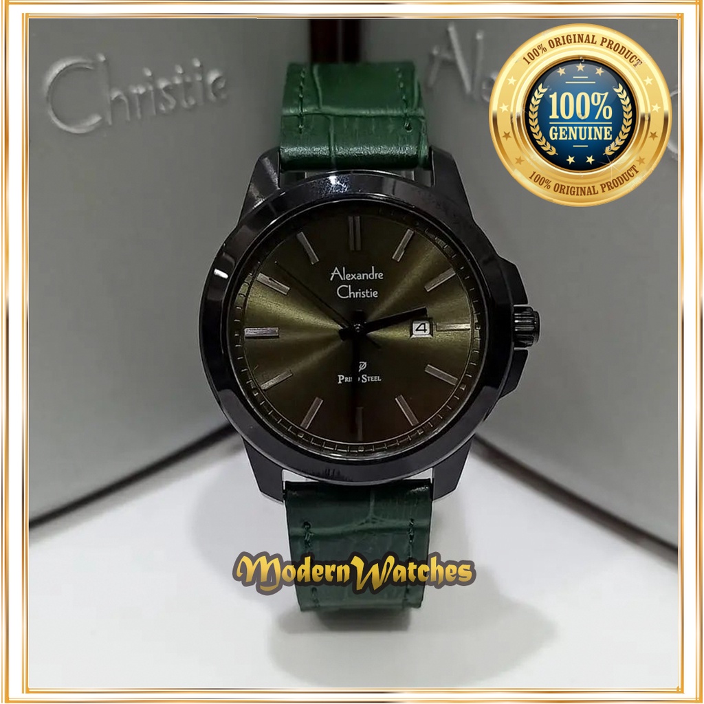 Jam Tangan Alexandre Christie Wanita AC 1017 Green Hijau Hitam Black Tali Kulit Alexander Leather St