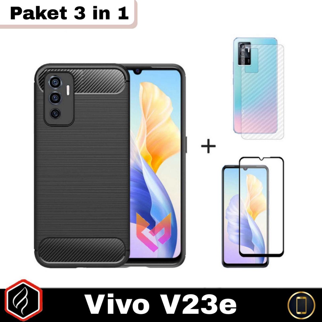 Paket 3 in 1 Case Carbon Vivo V23E Anti Gores Layar Free Garskin Carbon