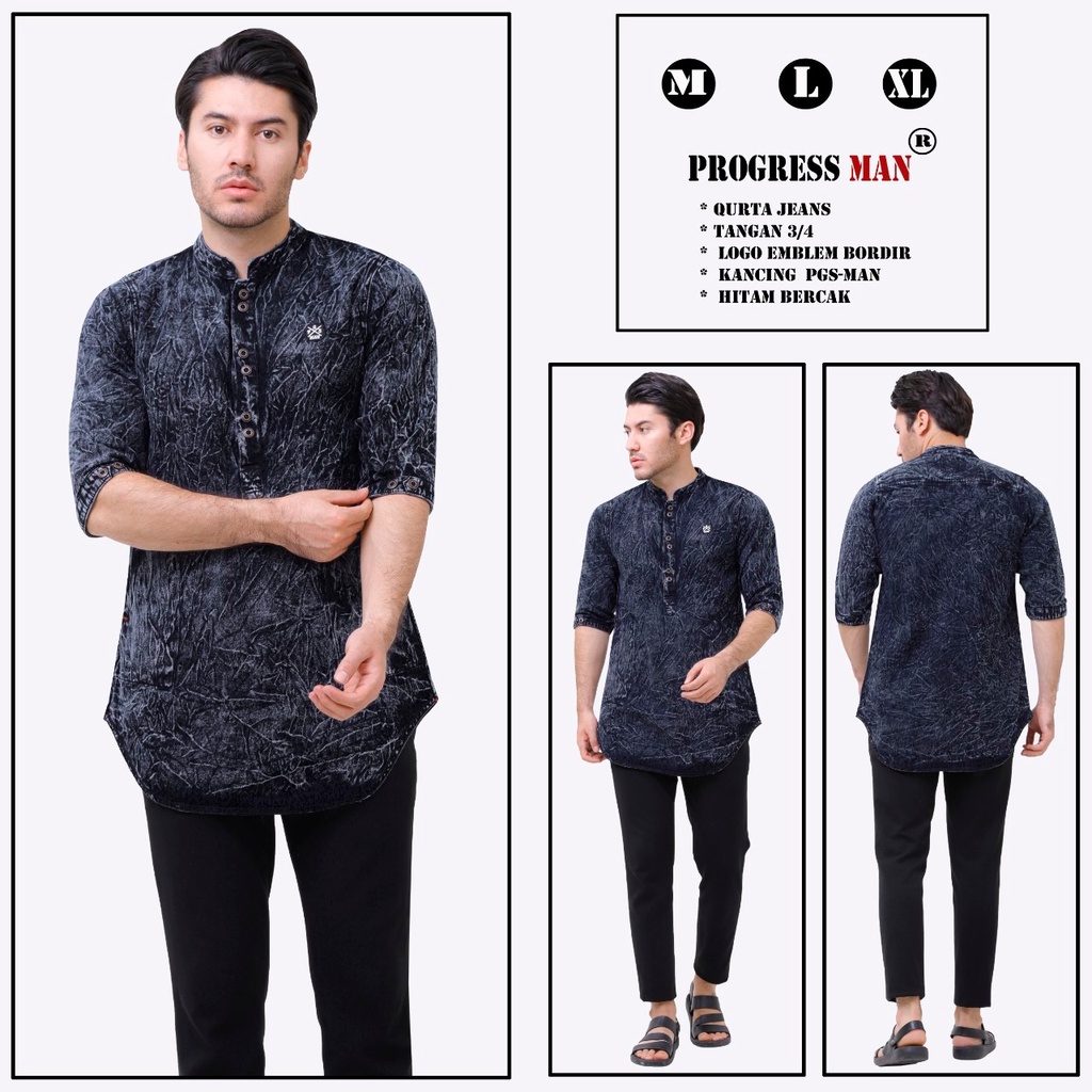 PROGRESS MAN baju koko jeans pria lengan tiga perempat koko kurta pangsi  kemeja koko denim pria lengan tiga perempat kurta pangsi jeans baju kurta denim dewasa logo bordir kancing ganda Biru langit washing P4N9S505