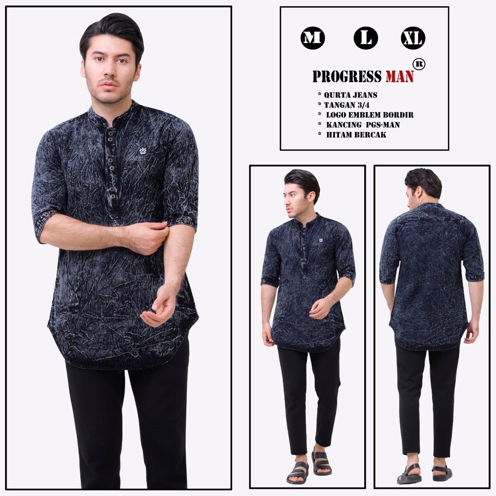 PROGRESS MAN baju koko jeans pria lengan tiga perempat koko kurta pangsi kemeja koko denim pria lengan tiga perempat kurta pangsi jeans baju kurta denim dewasa logo bordir kancing ganda Hitam washing P4N9S504