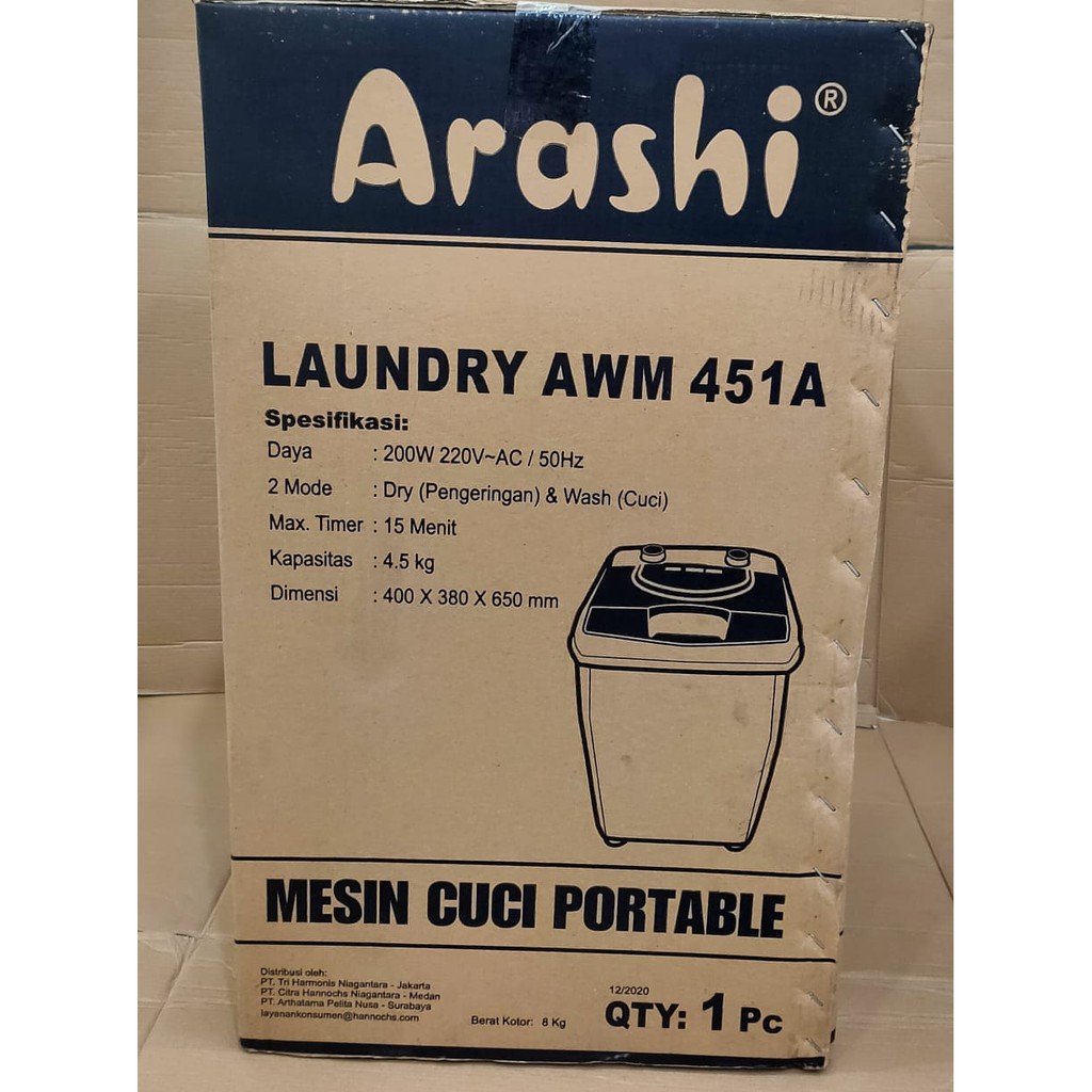 MESIN CUCI 1 TABUNG 4.5 KG PORTABLE TOP LOADING ARASHI AWM 451A-7