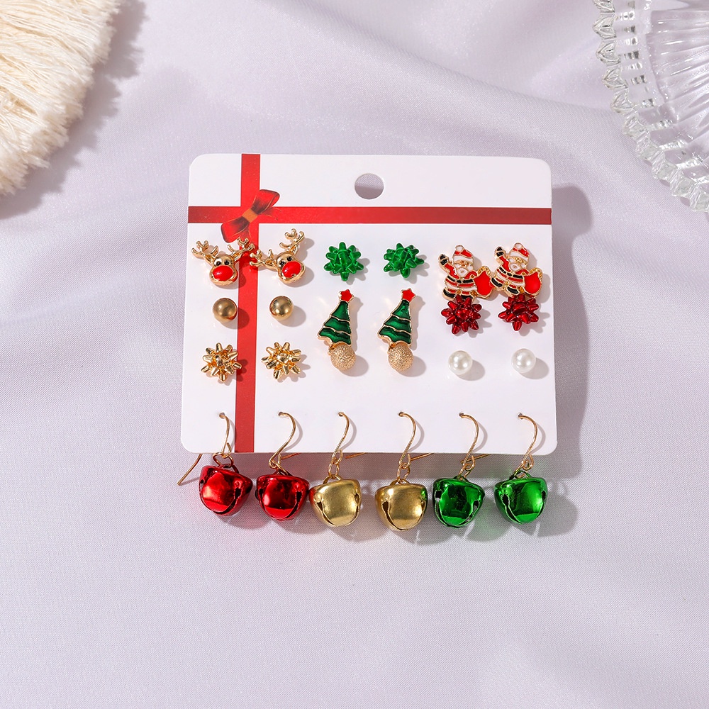 12pcs / Set Anting Tusuk Wanita Desain Pohon Natal / Snowflake / Rusa / Lonceng Untuk Pesta / Hadiah