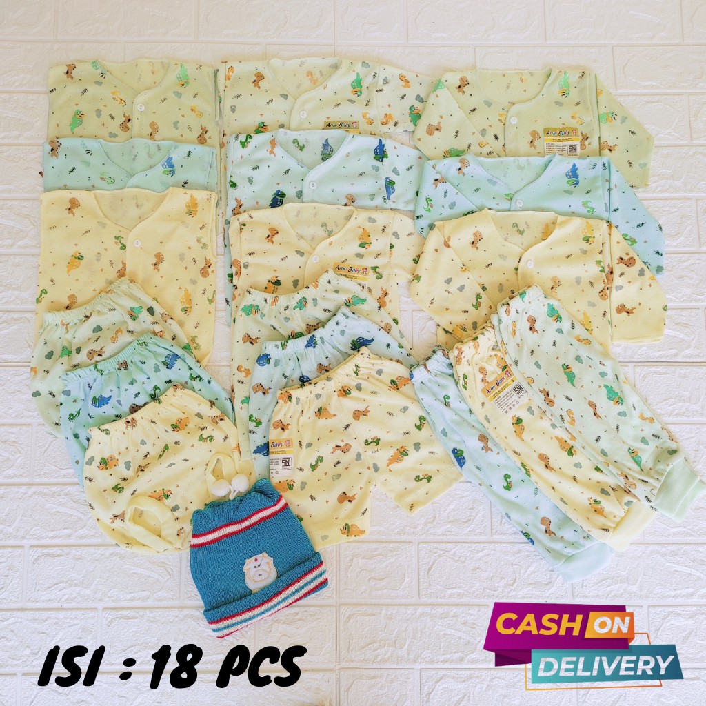 Paket Lengkap Hemat Baju Celana Bayi Baru Lahir Motip Dino Terkini 18 Pcs merk SNI