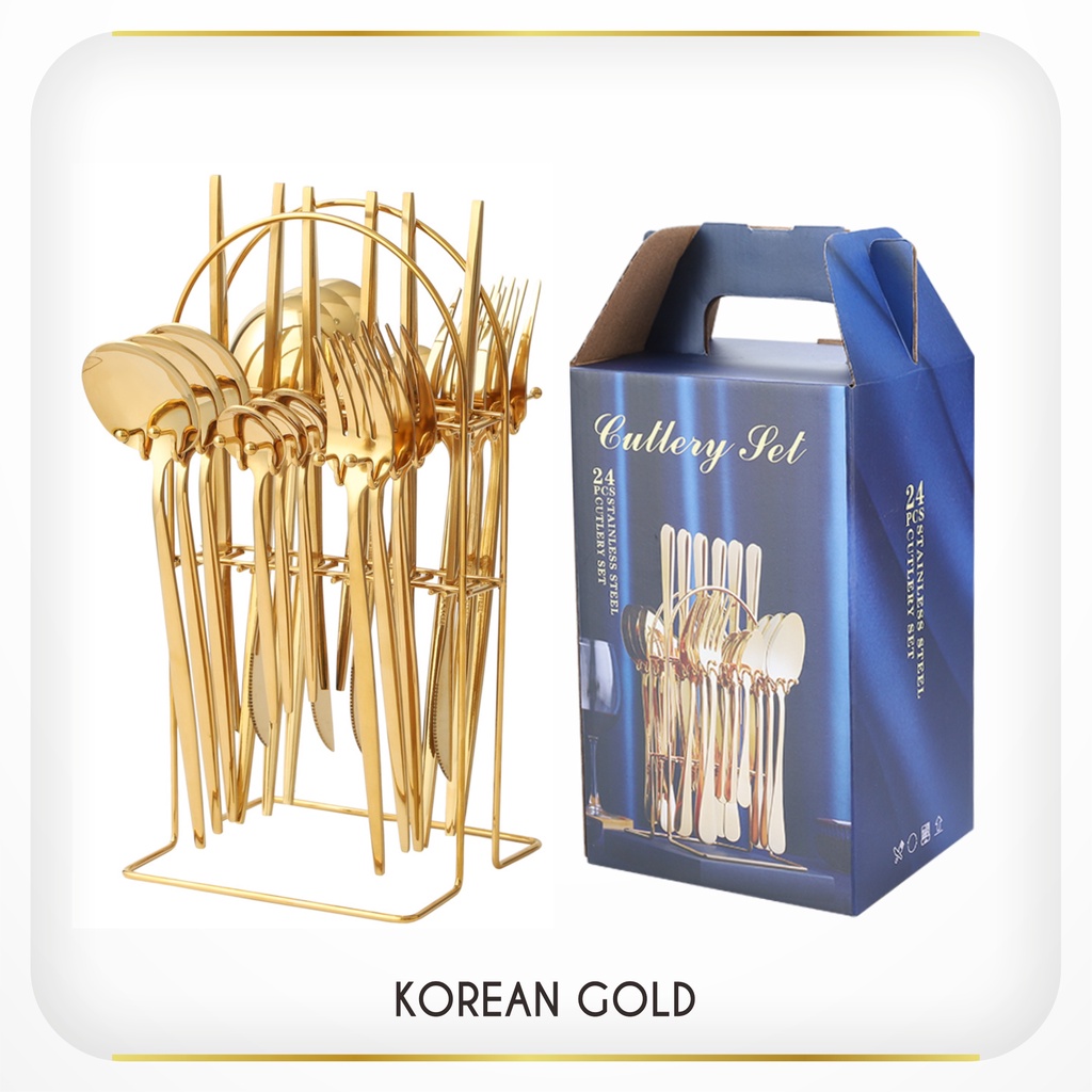 24 Pcs Souvenir Sendok Garpu Makan Korea Travel Cutlery Set﻿ Korea Stainless Dengan Gantungan Rack