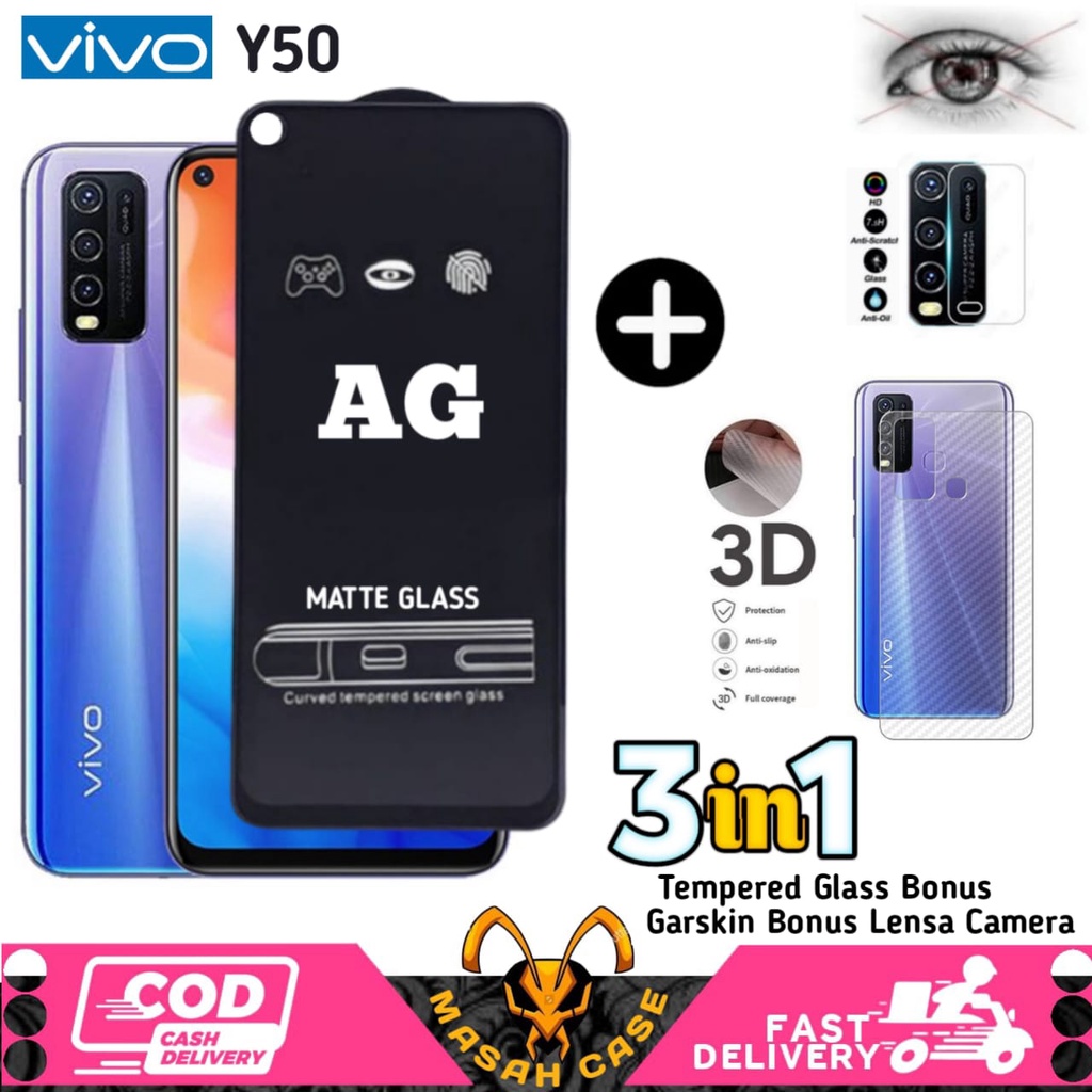 3IN1 TEMPERED GLASS AG MATTE VIVO Y50 Y30 Y91 Y91C Y93 Y95  BONUS LENSA CAMERA+GARSKIN CARBON