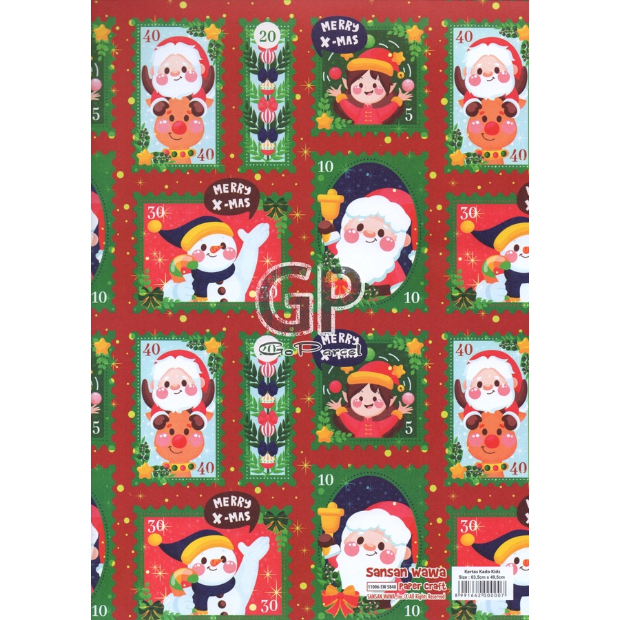 ( 5 Lembar ) NATAL SANWA - KERTAS KADO - GIFT WRAP PAPER SANWA SANSAN WAWA MERRY CHRISTMAS / XMAS / HOLIDAY / SANTA / SNOWMAN / BUNGKUS HADIAH