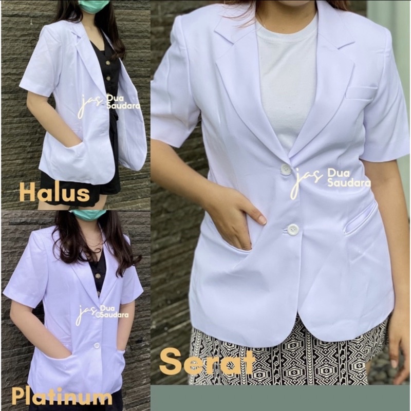 Jas dokter putih wanita lengan pendek merk dua saudara / sneli wanita bahan halus / sneli cewe lengan pendek / jas dokter wanita / jas koas / sneli koas / baju koas / baju dokter dua saudara / jas dokter wanita lengan pendek bahan halus