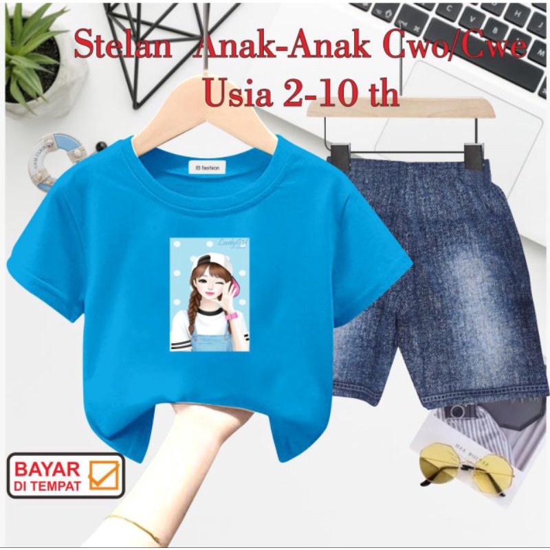 ((IB))SETELAN ANAK PEREMPUAN SEMI JEANS/CEWEK TOPI DIGITAL SABLON