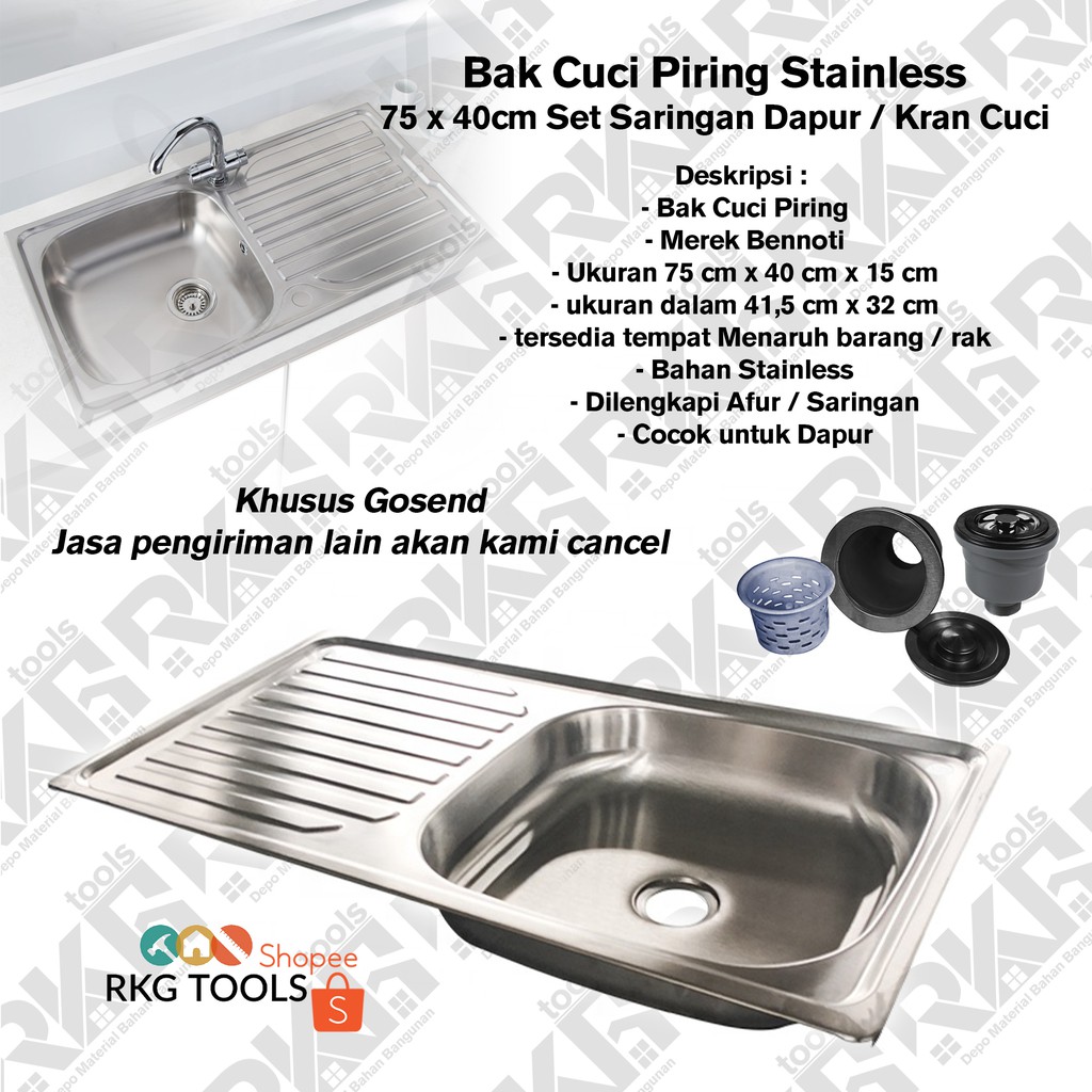 Bak Cuci Piring Stainless 75 x 40cm &amp; Saringan Dapur / Kran Cuci