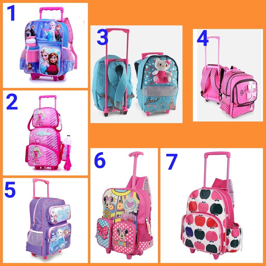 TAS SEKOLAH ANAK CEWE TAS TROLI FROZEN ANNA ELSA PINK BIRU Hello kitty batman tas roda TAS TROLy a