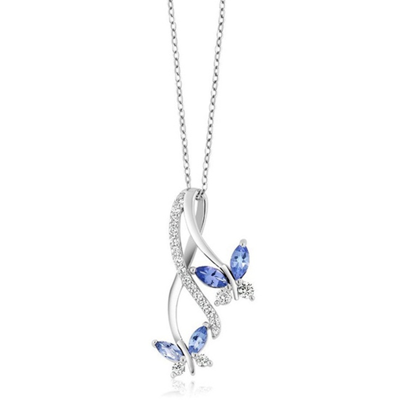 Fancyqube Kalung Rantai Silver 925 Liontin Kupu-Kupu Batu Permata Biru Tanzanite Ukuran 18 Inci