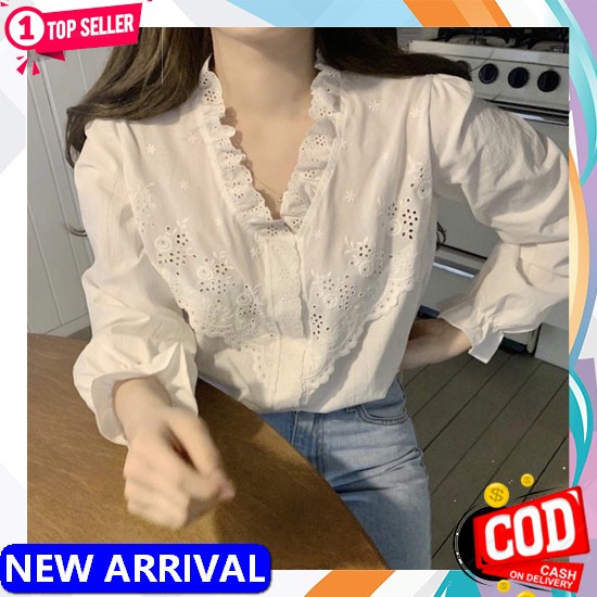 Blouse Putih Bordir Pute Top Blus Cewe Baju Atasan Wanita Fashion Muslim Kekinian Korean Style Bluse