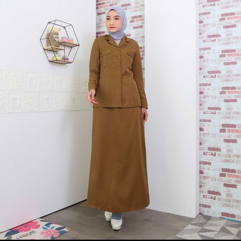 BAJU PEMDA SERAGAM DINAS PEMDA BAJU PNS DAN ASN FREE HIJAB  WARNA KHAKY COKLAT KANTONG ATAS ROK A