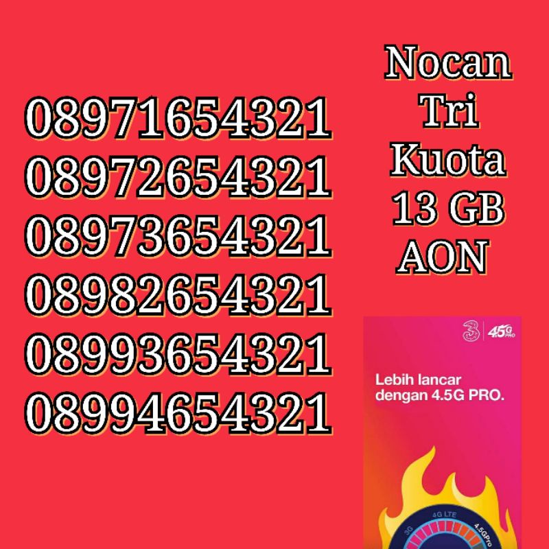 NOCAN Nomor Cantik 11 Digit Kartu Perdana 3 Tri Three 4G LTE Kuota 13 GB AON Pulsa 10000 Kartu Langs