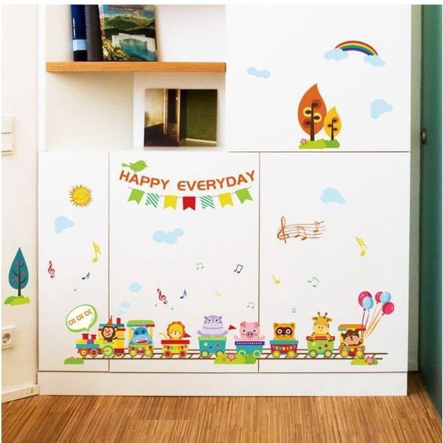 Stiker Dinding Wallstiker Motif Karakter Kartun Kereta Api Animal Binatang Dekorasi Kamar Anak