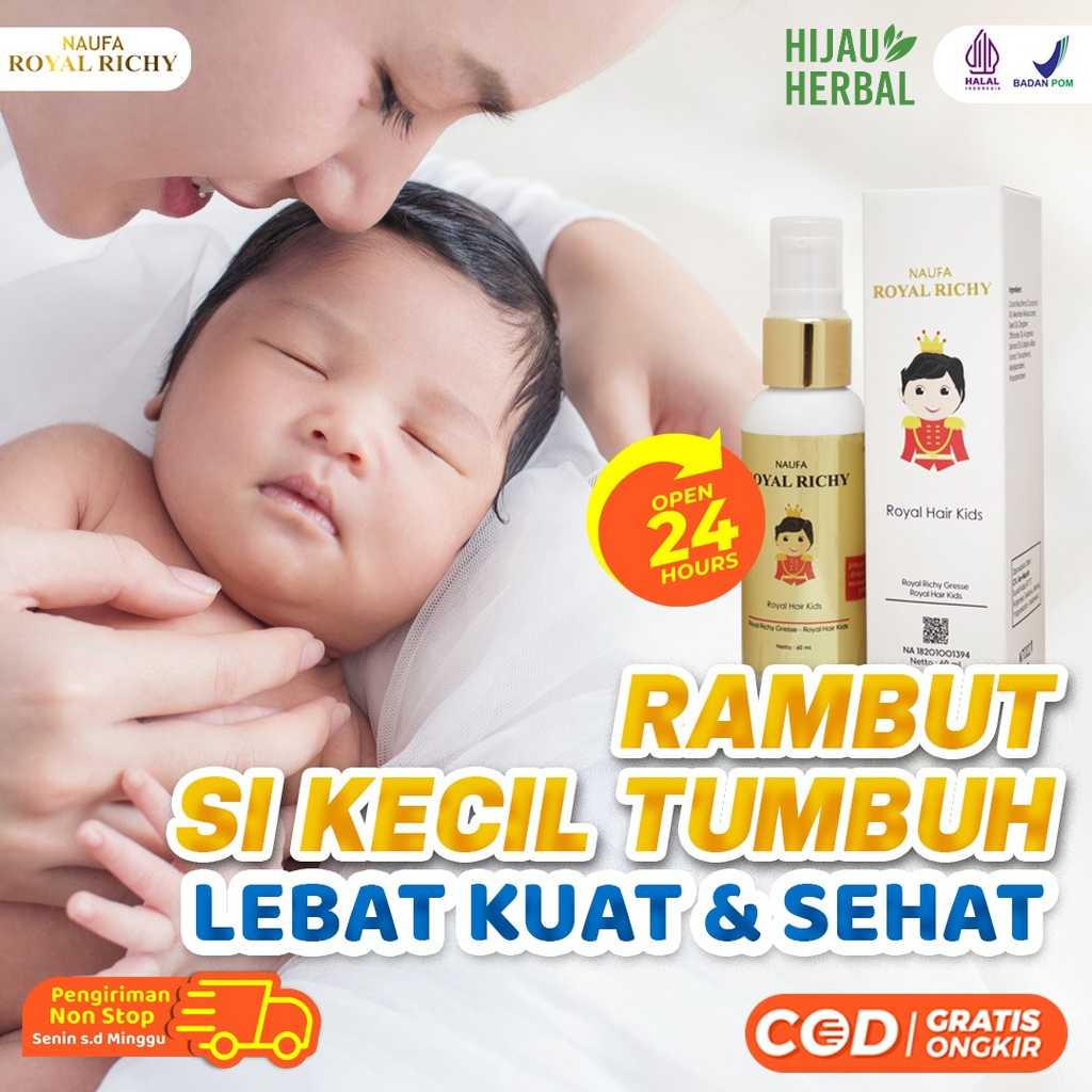 Naufa Royal Richy - Hair Serum Pelebat Rambut Bayi Vitamin Penyubur Alami Minyak Kemiri Cegah Kerontokan &amp; Ketombe Isi 60ml