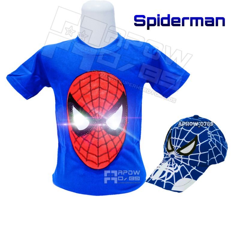 pdf paket 2in1 atasan anak laki laki dan topi motif spiderman LED bisa nyala baju kaos anak laki bisa COD