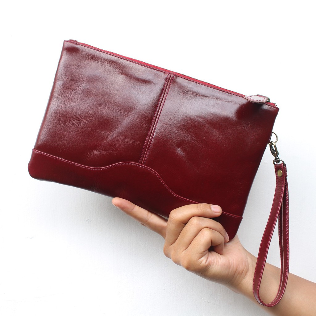 CLUTCH WANITA KULIT ASLI NEVARA MERAH MAROON / FREE GRAVIR NAMA DI CLUTCH