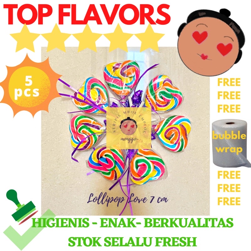 

PERMEN LOLIPOP 7 CM 5 PCS LOVE BULAT WARNA WARNI LOLLIPOP PERMEN ANAK
