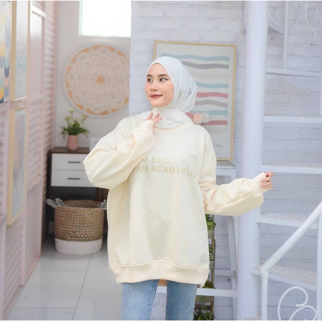 I Am Bad oversize Sweater Hoodie Wanita Bahan Fleece