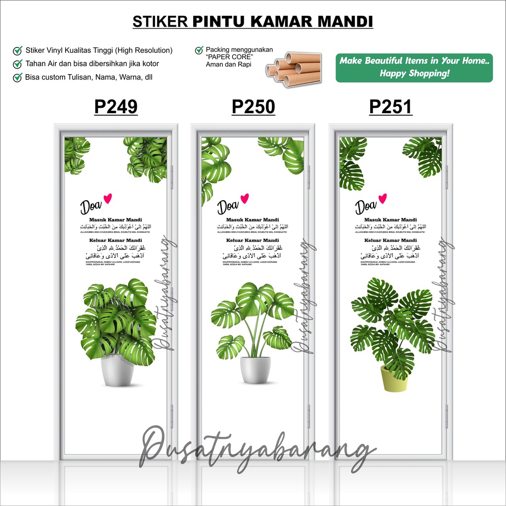 STIKER PINTU KAMAR MANDI - STIKER PINTU TOILET MOTIF MONSTERA DAN DOA2