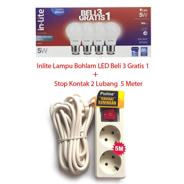 Paket Elektronik Hemat Stop Kontak 2 Lubang Dengan Kabel 5M Dan Lampu Bohlam LED 5W Super Terang