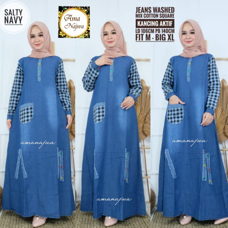 Terbaru Maxi Dress Jeans Motif Wanita Remaja Casual LD 110 Dress Jeans Gamis Best Seller Murah