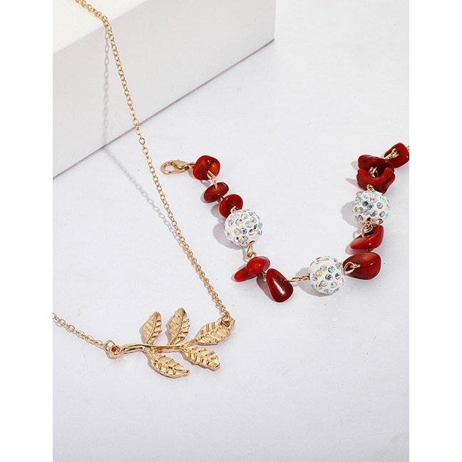 LRC Kalung Dan Gelang Fashion Gold Artificial Crystal Ball Gravel Leaf Necklace Bracelet Set