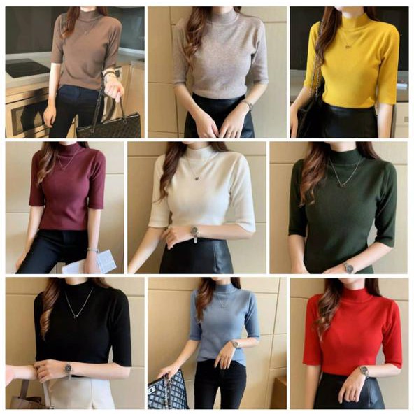 HOPYLOVY Blouse Rajut Turtleneck Wanita Lengan 3 per 4 Rafika