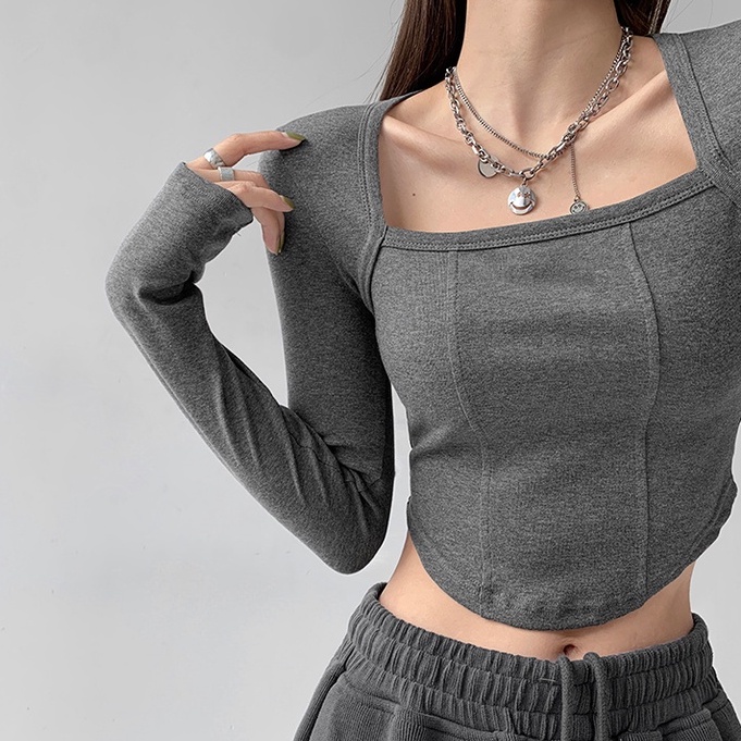 【MISSHONEY】Korean Long Sleeve Square Neck Crop Corset Tee 7307