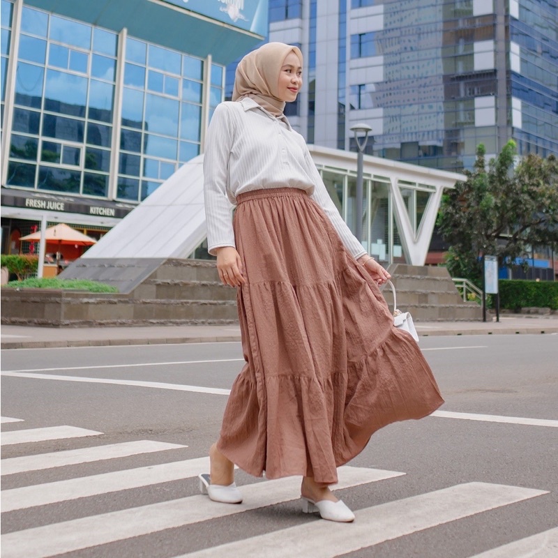 (COD) Rok Canda Katun Rayon Crinkle Airflow Panjang Crinkle Vintage Skirt Rok Korea pinggang karet p