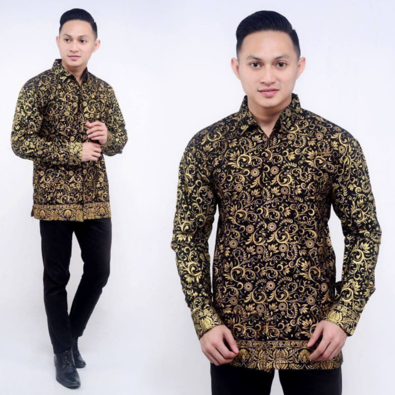 baju batik pria modern terbaru motif gold Matt katun prima halus ukuran M L XL XXL-Seno gold