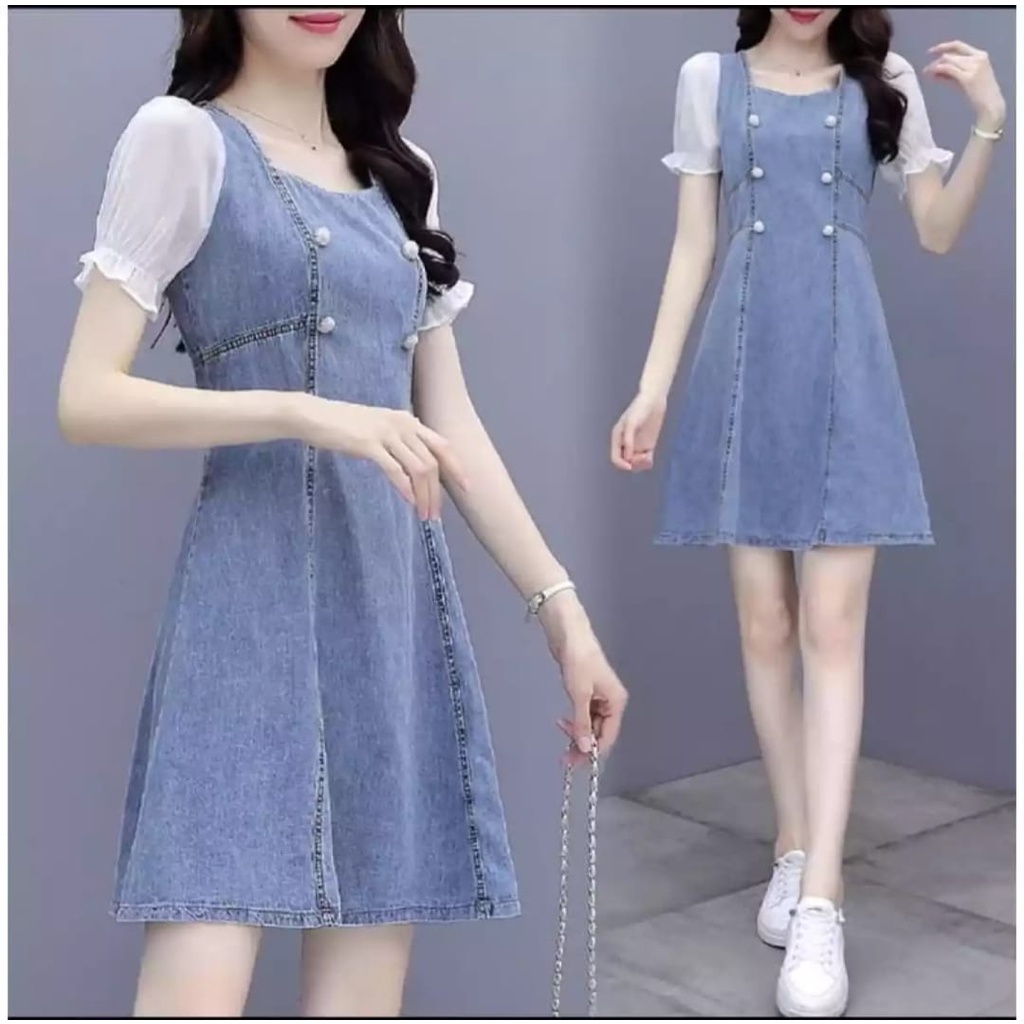 Dress Jeans Wanita Lengan Pendek Dengan Kombinasi Bahan Sifone