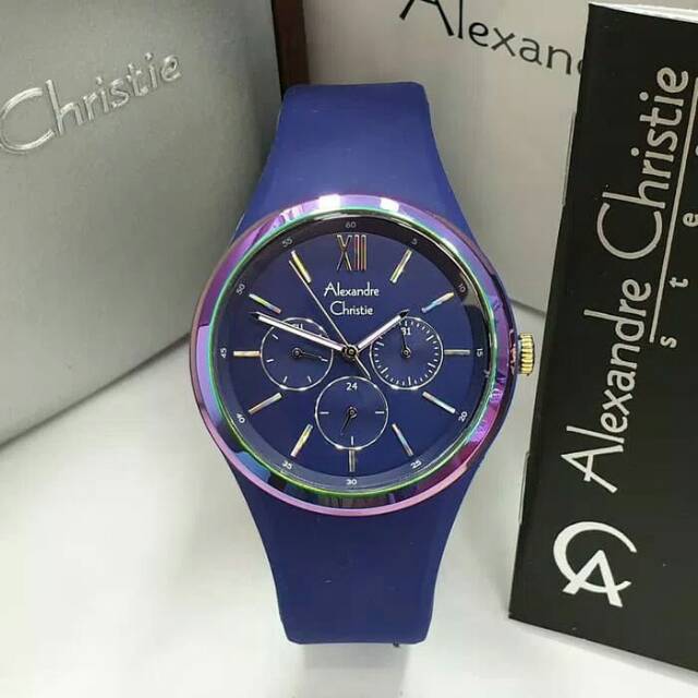 JAM TANGAN WANITA / CEWEK ALEXANDRE CHRISTIE BLUE TALI RUBBER ORIGINAL - BIRU AC 2773 KARET