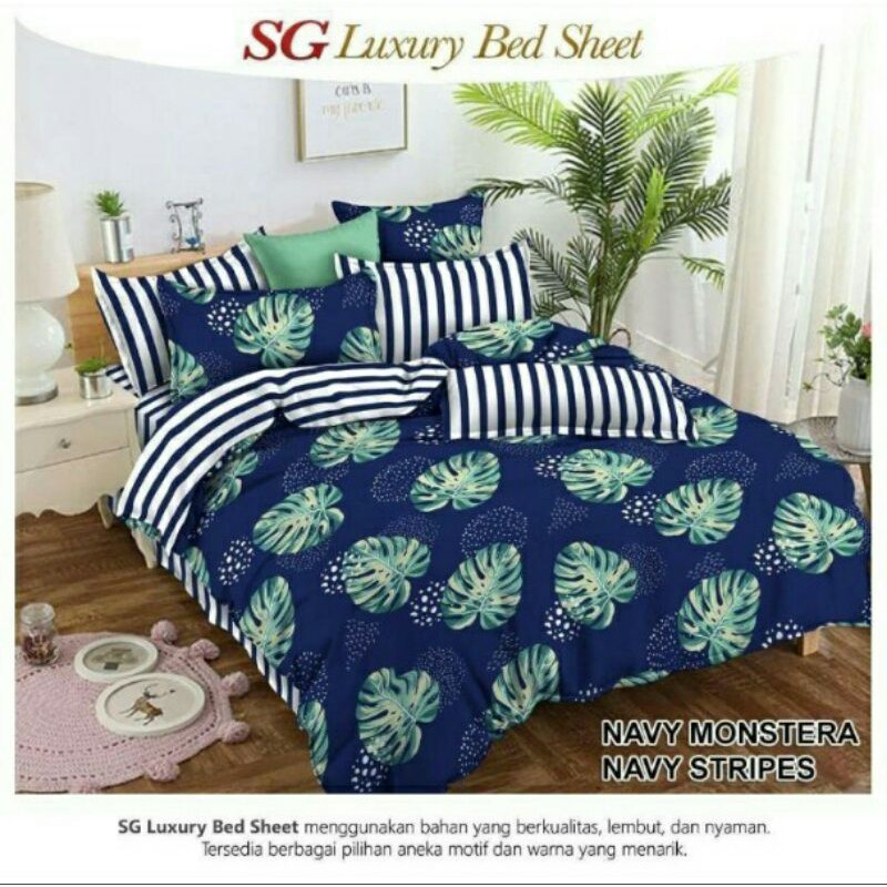 Sprei & Badcover katun lokal SG LUXURY BED SHEET motif WHITE MONSTERA DAN NAVY MONSTERA