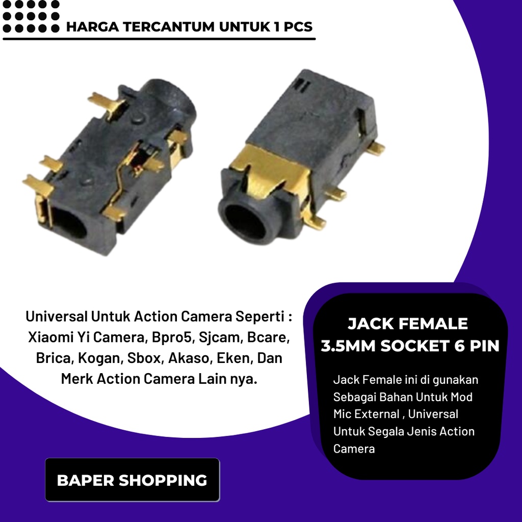 Jack Female Audio Socket 3.5mm 6 PIN Modif Mic External Action Camera Yi Cam Bpro B Pro 5 Kogan Sbox