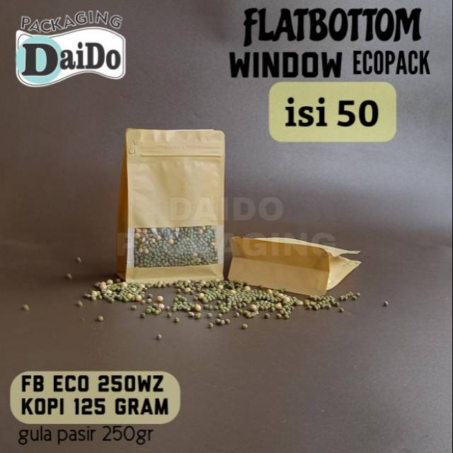 Flat Bottom Ecopack Window 250g Fb Kpack Kemasan Kopi Paperkraft Kertas<br />isi 50