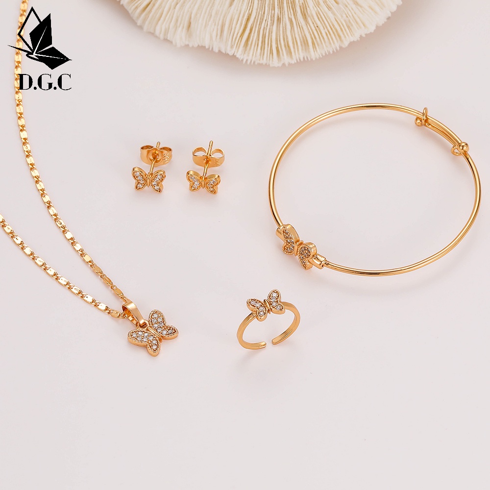 ♥D.G.C✨Titanium Set Perhiasan Anak Perempuan Satu Set Kalung Cincin Gelang Anting D463