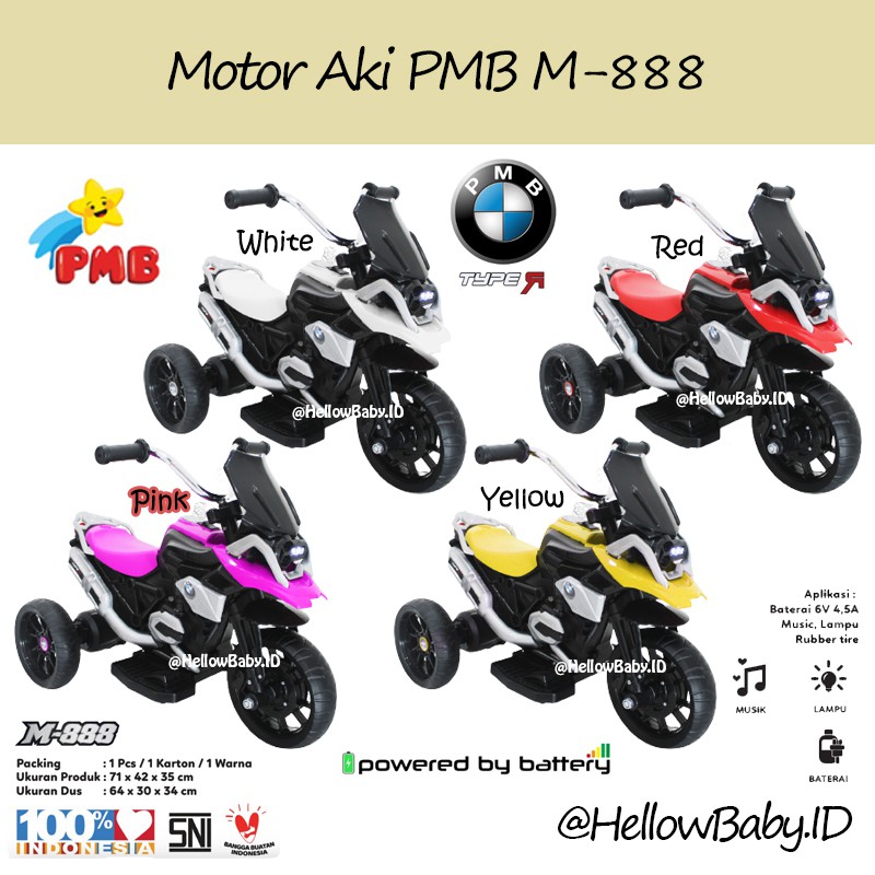 Motor Aki PMB M-888 / Sepeda Gowes Anak bentuk Motor dengan Musik dan Lampu PMB M-888A Ban Karet