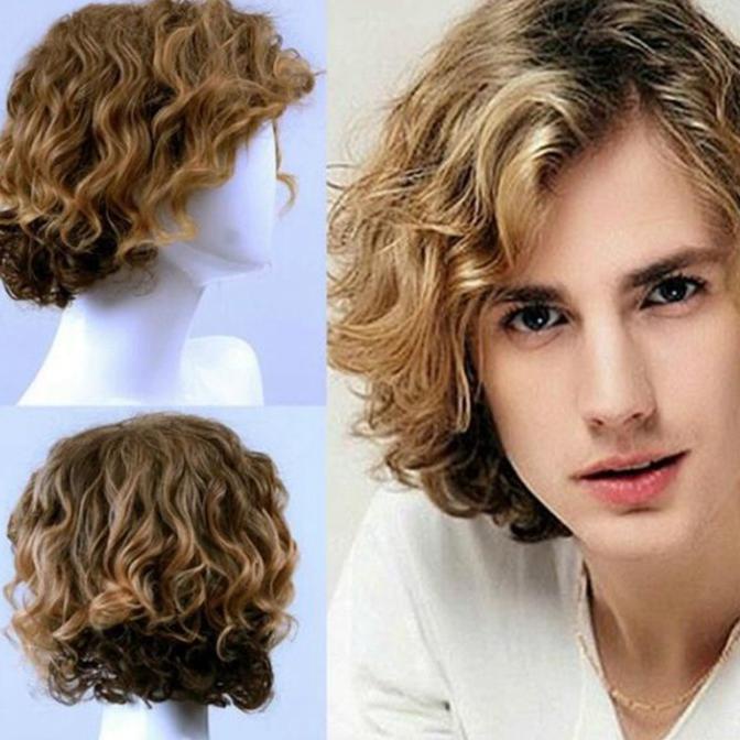 Wig / Rambut Palsu Pria Panjang Keriting Bahan Sintetis untuk