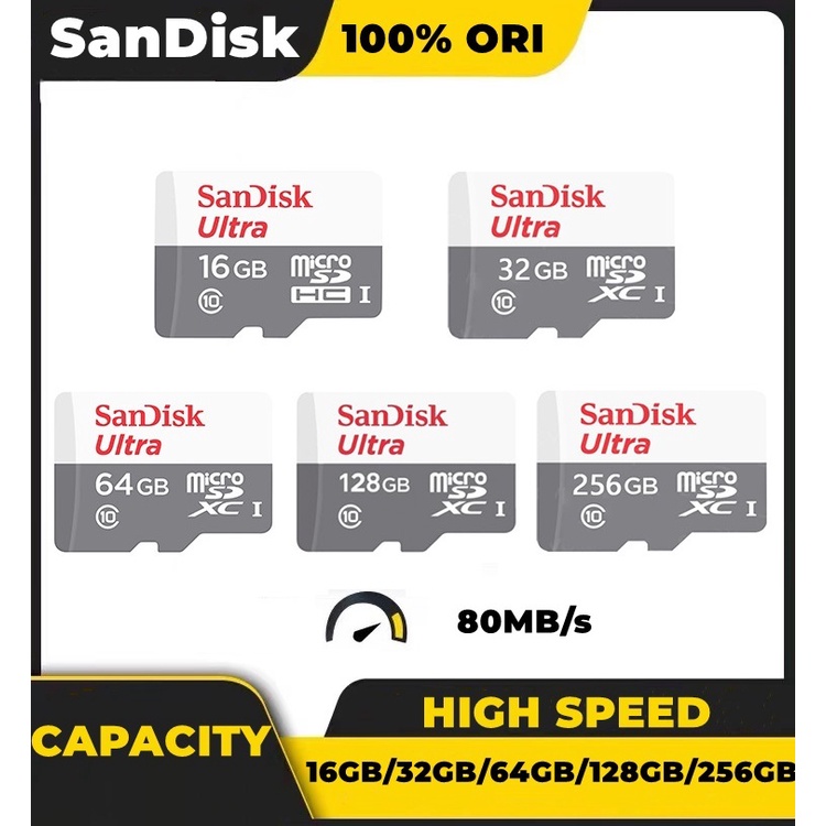 Memory card SanDisk 16GB/ 32GB/ 64GB/ 128GB/ 256GB Ultra CLASS10 80Mbps memori microsd TF card