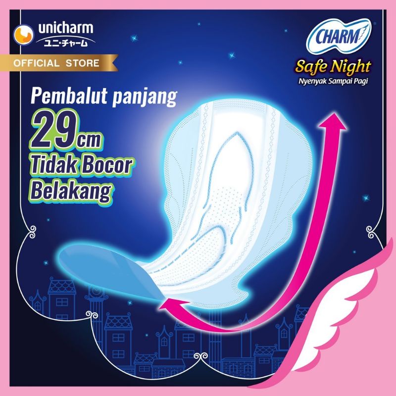 Charm Pembalut Wanita Body Fit Non Wing 23cm isi 1 pads dan Charm Safe Night Ukuran 29 dan 35 Cm isi 2 pads