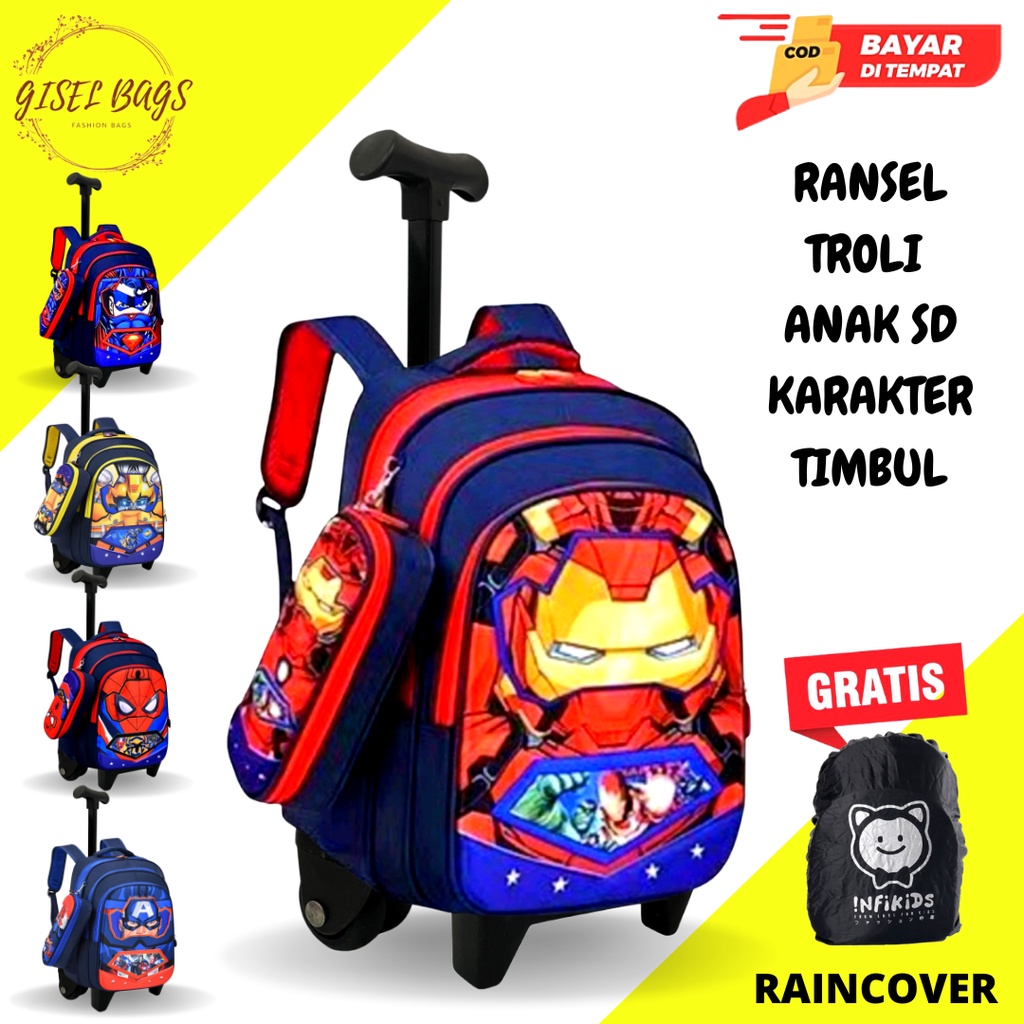 GB-Tas ransel troli anak laki laki SD tas ransel troli anak timbul tas ransel troli anak karakter superhero GRATIS kotak pensil dan jas tas