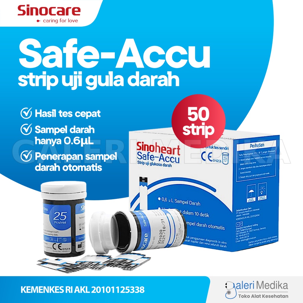 Strip Cek Gula Darah Sinocare Sinoheart 1 Box Isi 50 Strip Safe-Accu Strip Uji Gula Darah