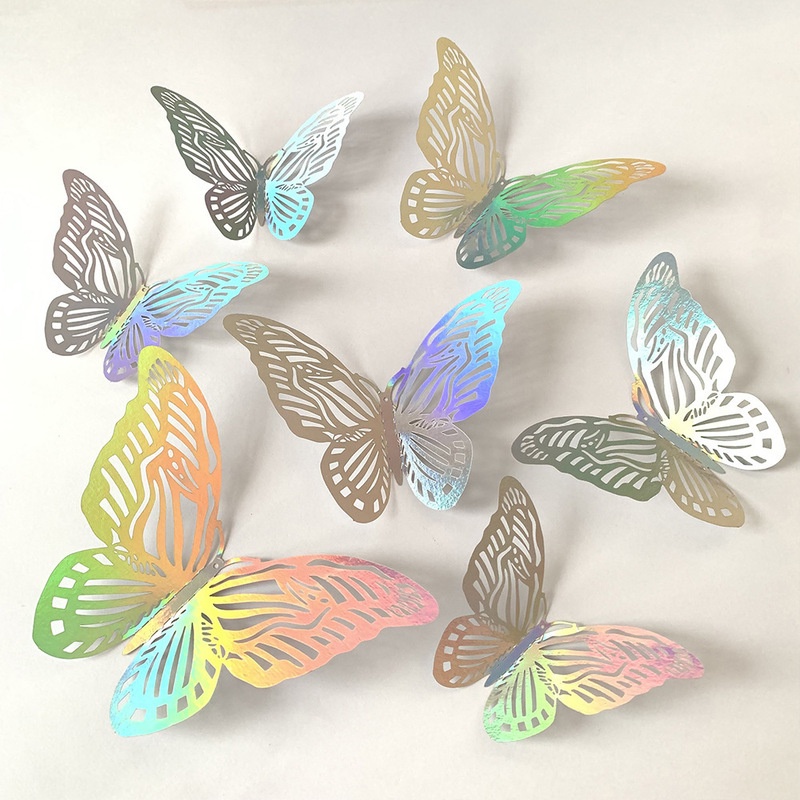 12pcs / 3 Ukuran Stiker Butterfly Hollow 3d Aksen Kristal Untuk Dekorasi Dinding Kamar Tidur