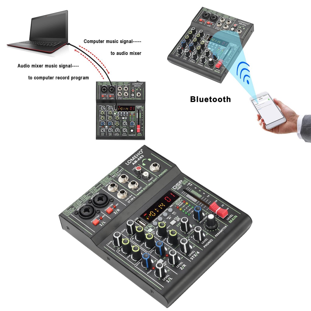 Audio Mixer Studio Professional 4 Channel Bluetooth Karaoke 4 Channel 99 DSP Effects Record Podcast Audio Mixer USB Audio Interface Digital MP3 Computer Input Live Studio Audio Sound Desk System Interface Portable +48V Phantom Power USB Computer Record