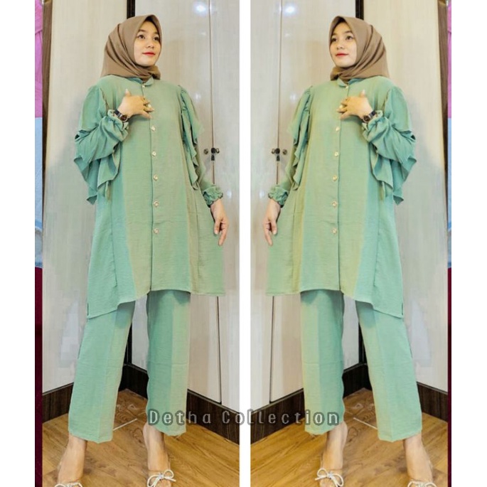 (Bisa COD) Setelan Tunik Wanita Crinkle Terbaru/Setcel Crinkel/Oneset Kringkel Polos/Set Wanita Terb