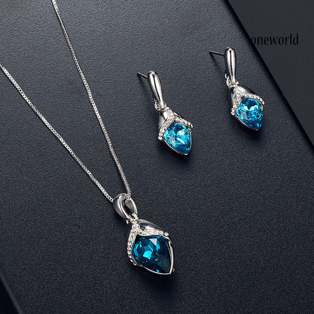 OW@ Marquise Shape Rhinestone Pendant Necklace Ear Stud Earrings Women Jewelry Set